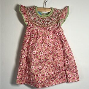 Anavini Hand smocked Floral Pink and Green Kids Dress